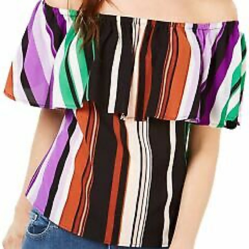 Bar III Ruffle Off Shoulder Black Striped Size XL